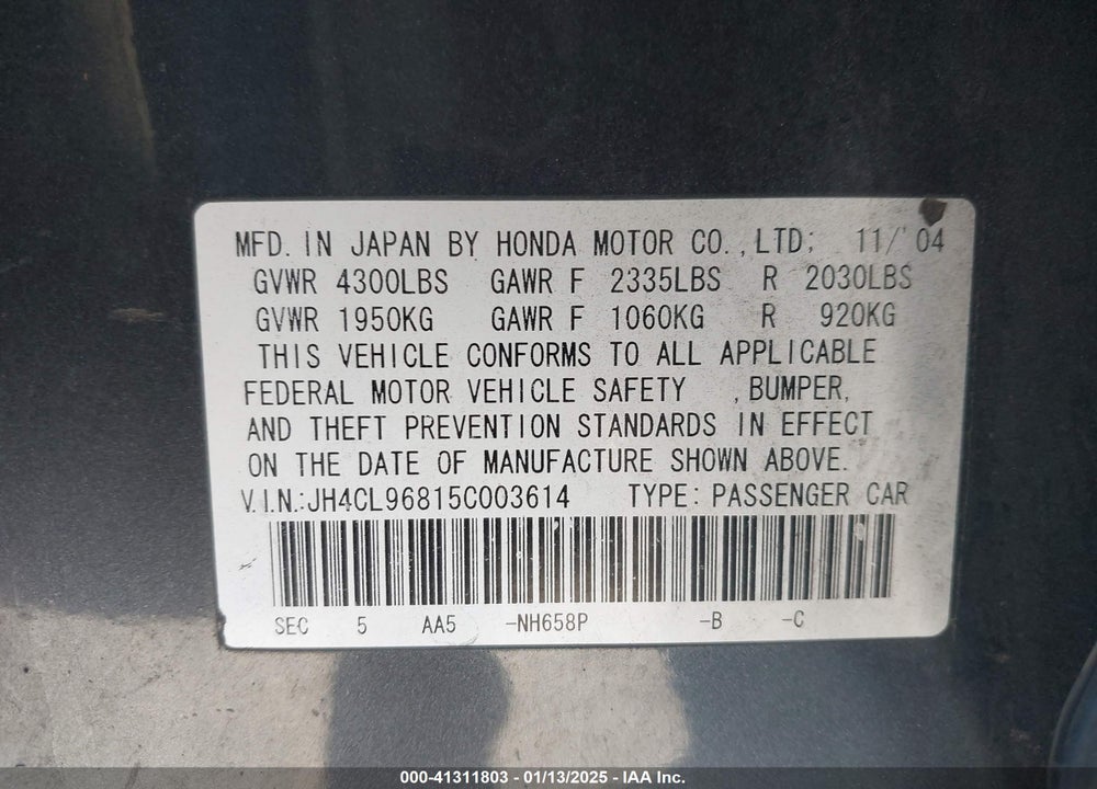 2005 ACURA TSX VIN: JH4CL96815C003614