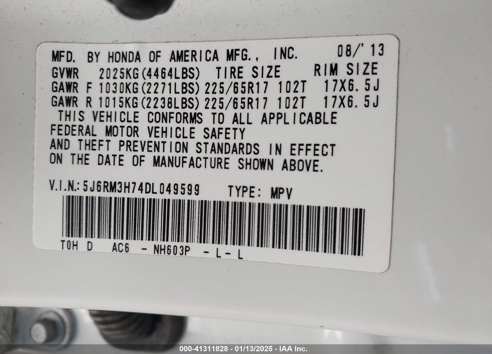 2013 HONDA CR-V EX-L VIN: 5J6RM3H74DL049599