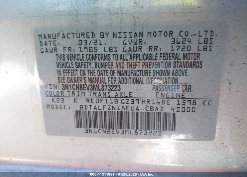2021 NISSAN VERSA SV XTRONIC CVT VIN: 3N1CN8EV3ML873223