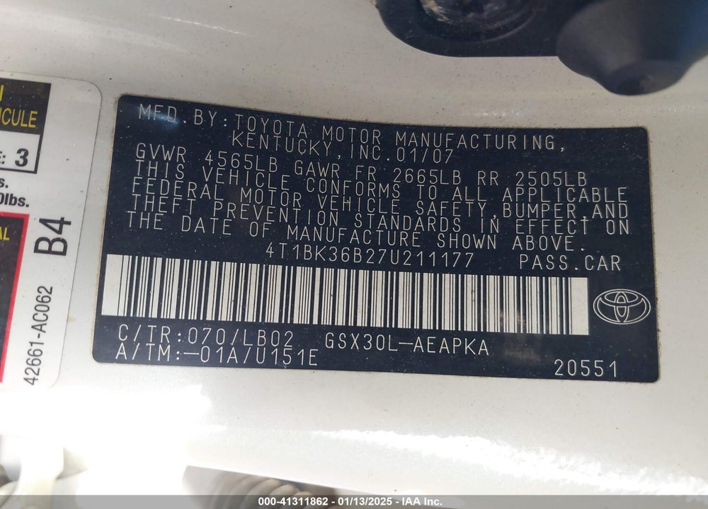 2007 TOYOTA AVALON VIN: 4T1BK36B27U211177