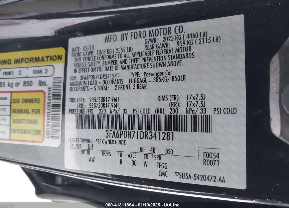 2013 FORD FUSION VIN: 3FA6P0H71DR341281