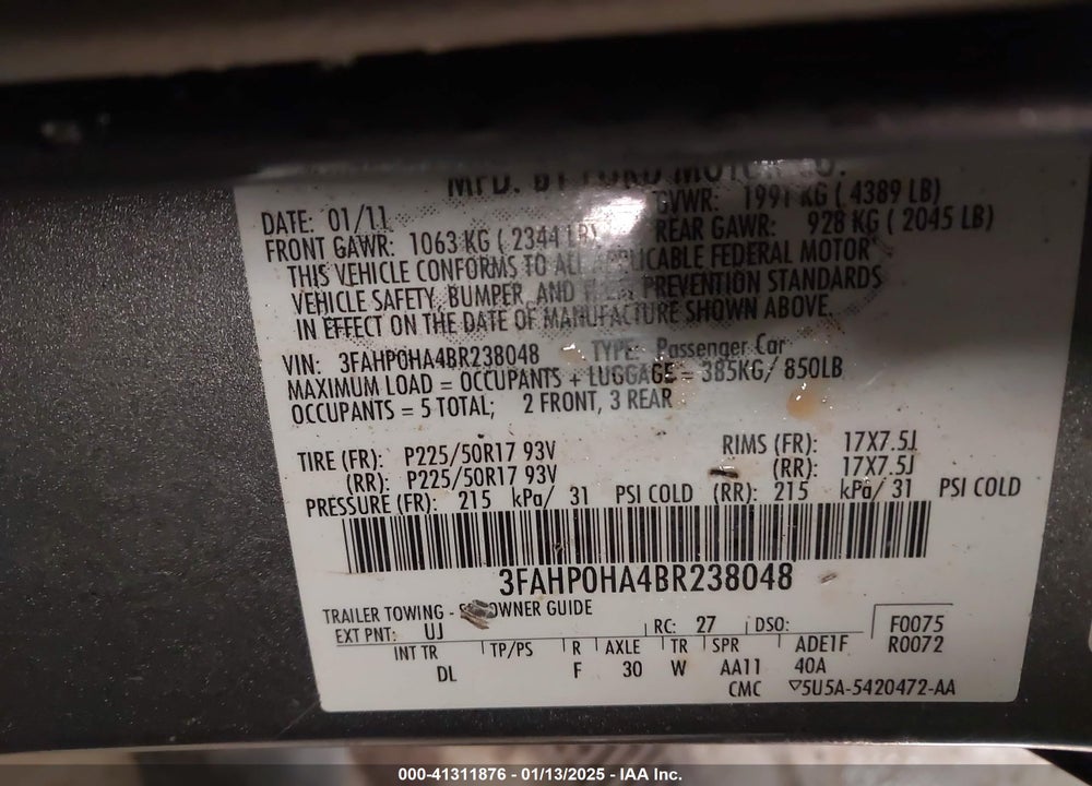 2011 FORD FUSION SE VIN: 3FAHP0HA4BR238048