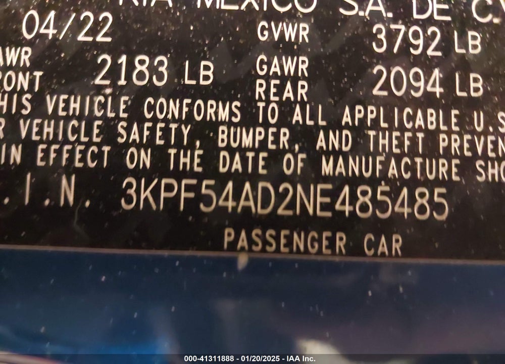 2022 KIA FORTE VIN: 3KPF54AD2NE485485