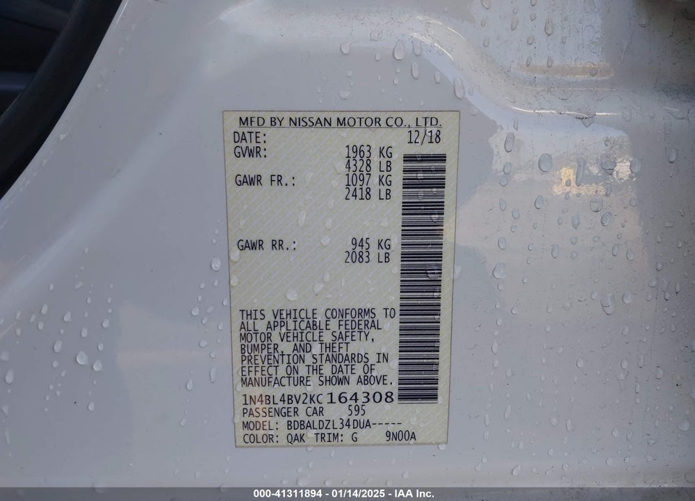 2019 NISSAN ALTIMA VIN: 1N4BL4BV2KC164308