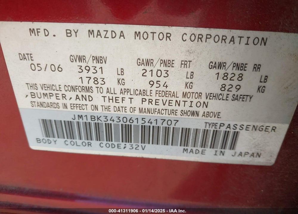 2006 MAZDA 3 S TOURING VIN: JM1BK343061541707