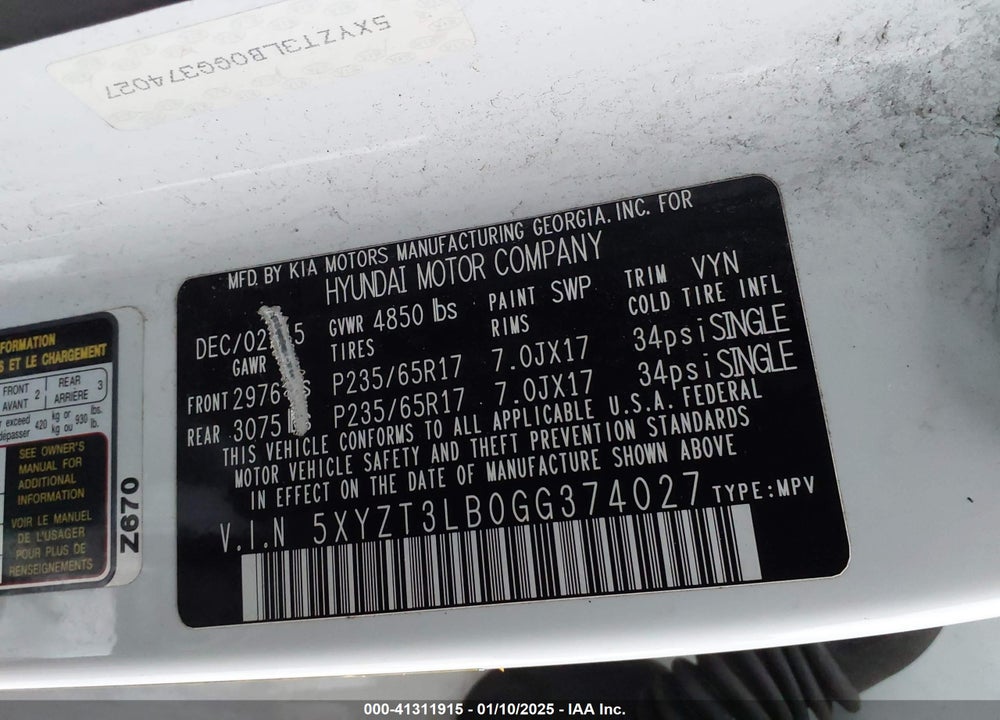 2016 HYUNDAI SANTA FE SPORT VIN: 5XYZT3LB0GG374027