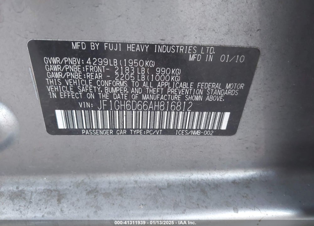 2010 SUBARU IMPREZA OUTBACK SPORT VIN: JF1GH6D66AH816812