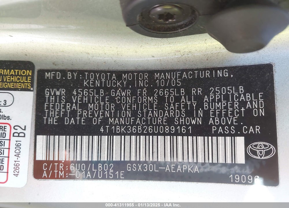 2006 TOYOTA AVALON VIN: 4T1BK36B26U089161