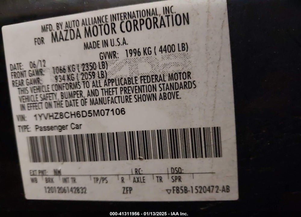 2013 MAZDA MAZDA6 VIN: 1YVHZ8CH6D5M07106