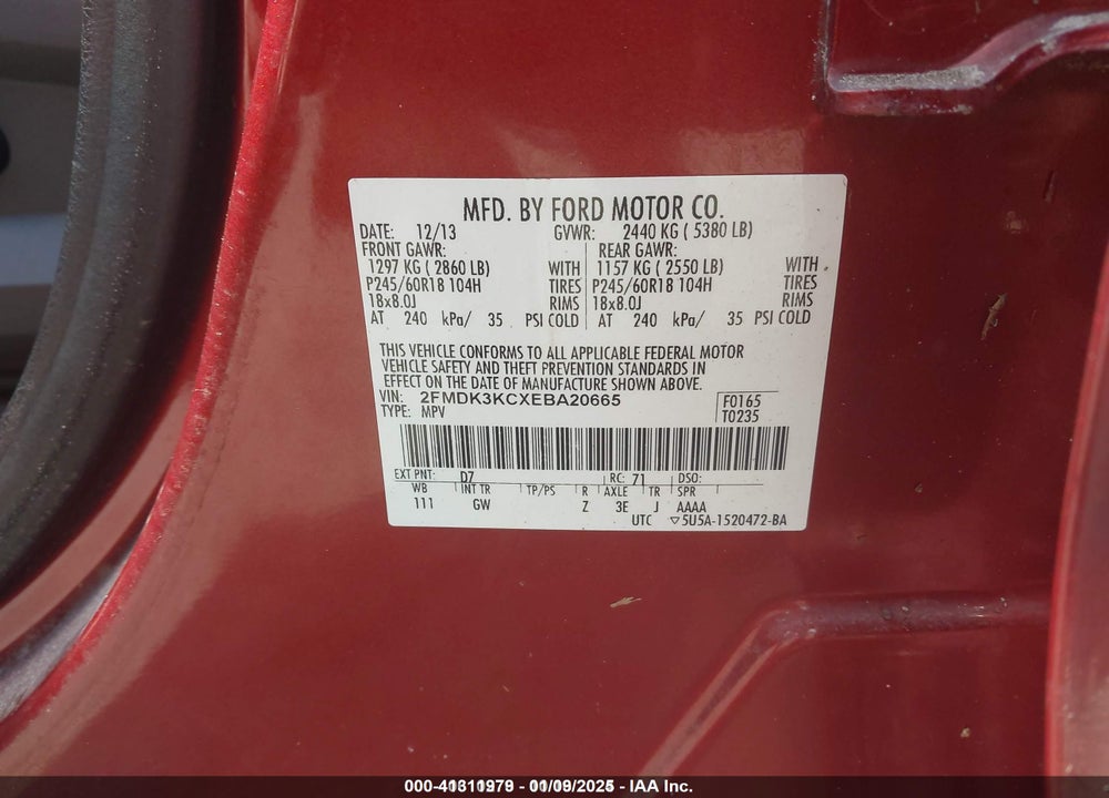 2014 FORD EDGE LIMITED VIN: 2FMDK3KCXEBA20665