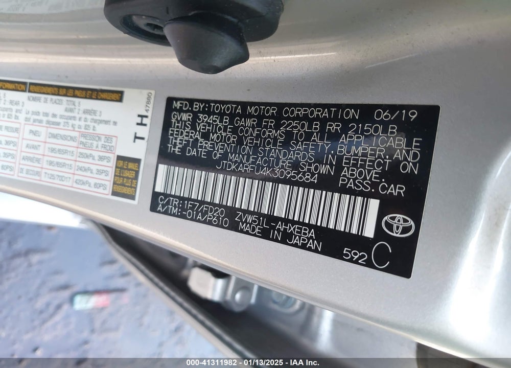 2019 TOYOTA PRIUS VIN: JTDKARFU4K3095684