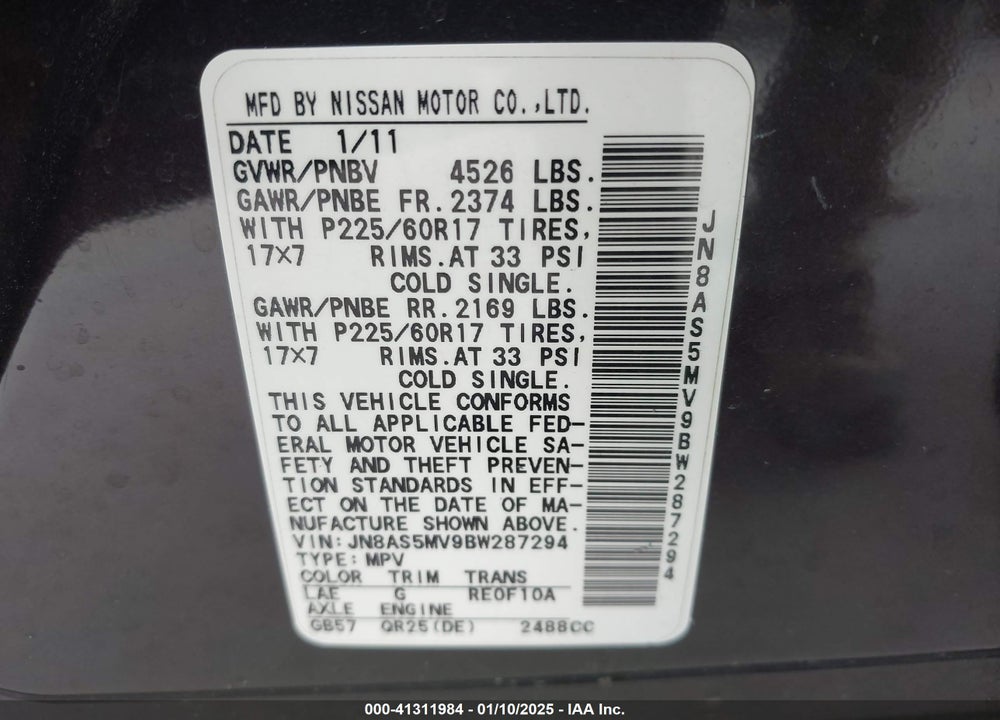 2011 NISSAN ROGUE SV VIN: JN8AS5MV9BW287294