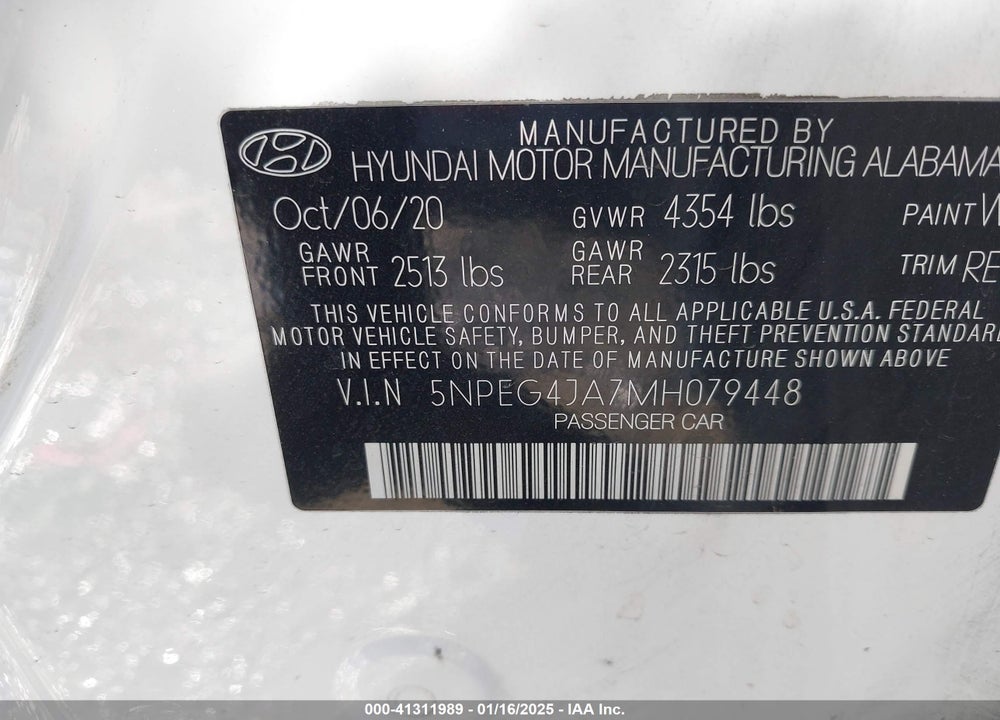 2021 HYUNDAI SONATA SE VIN: 5NPEG4JA7MH079448