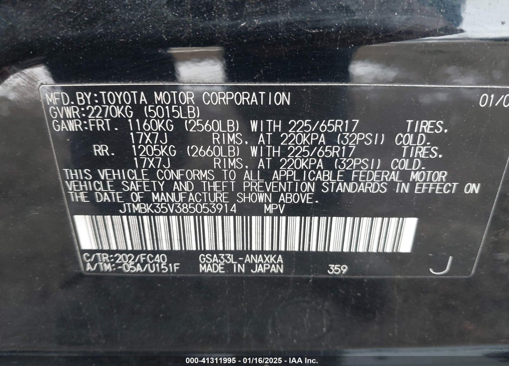 2008 TOYOTA RAV4 BASE V6 VIN: JTMBK35V385053914