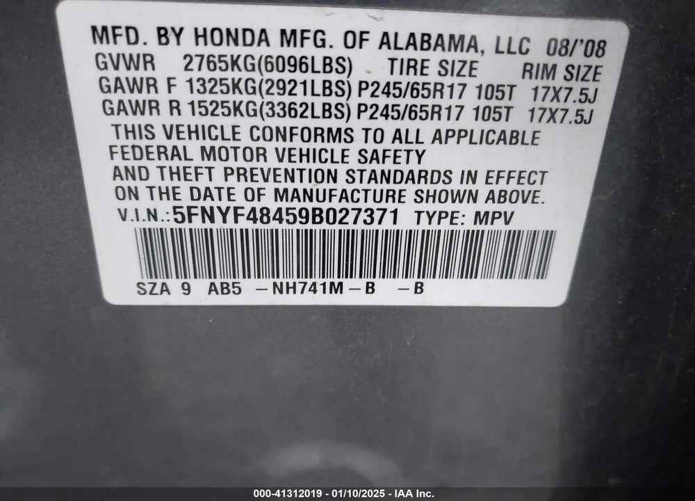 2009 HONDA PILOT EX VIN: 5FNYF48459B027371
