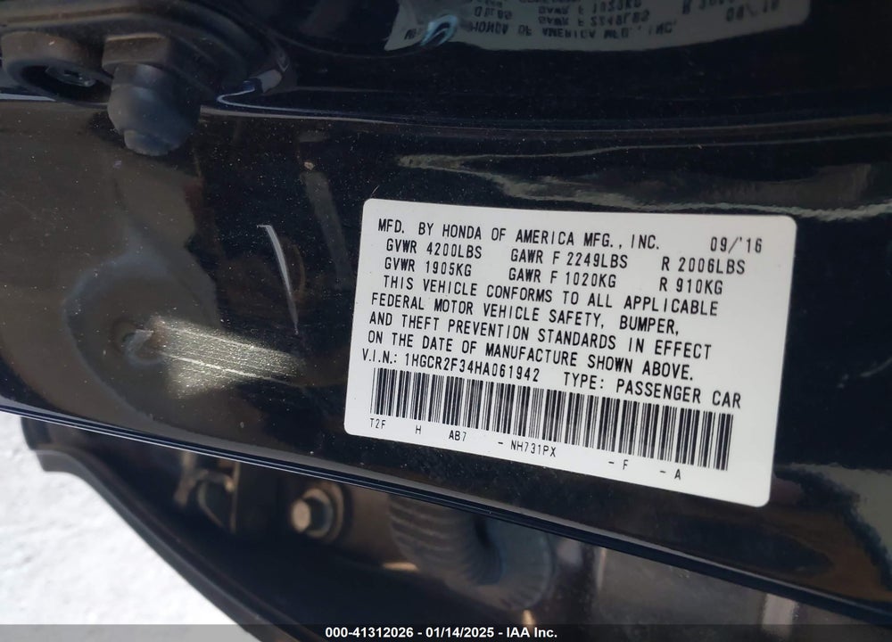 2017 HONDA ACCORD VIN: 1HGCR2F34HA061942