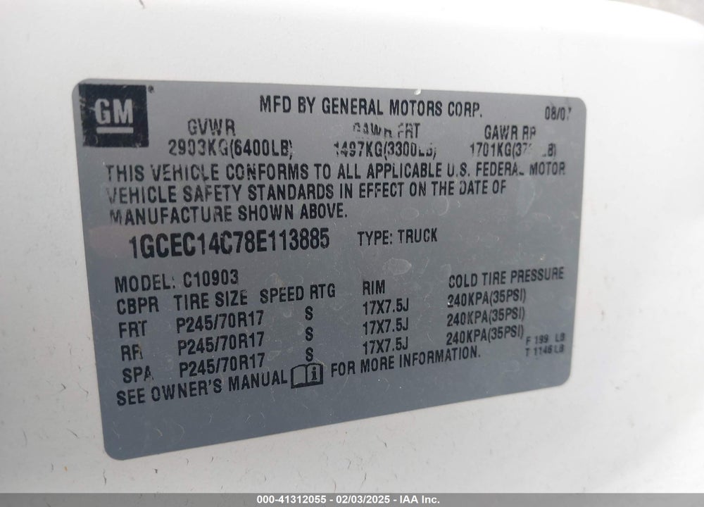 2008 CHEVROLET SILVERADO 1500 VIN: 1GCEC14C78E113885