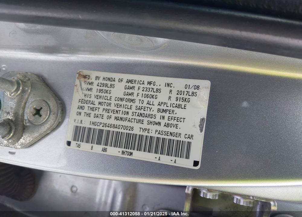 2008 HONDA ACCORD VIN: 1HGCP26468A070026