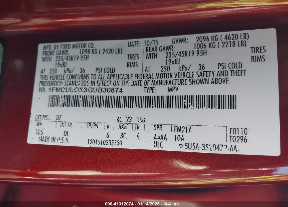 2016 FORD ESCAPE SE VIN: 1FMCU0GX3GUB30874