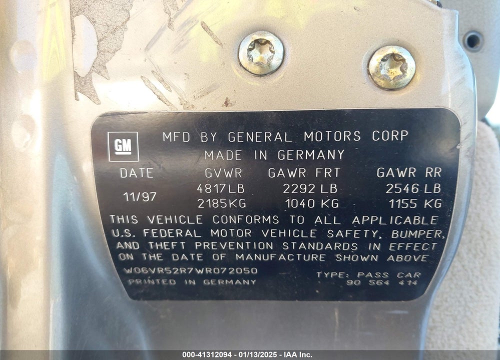 1998 CADILLAC CATERA STANDARD VIN: W06VR52R7WR072050