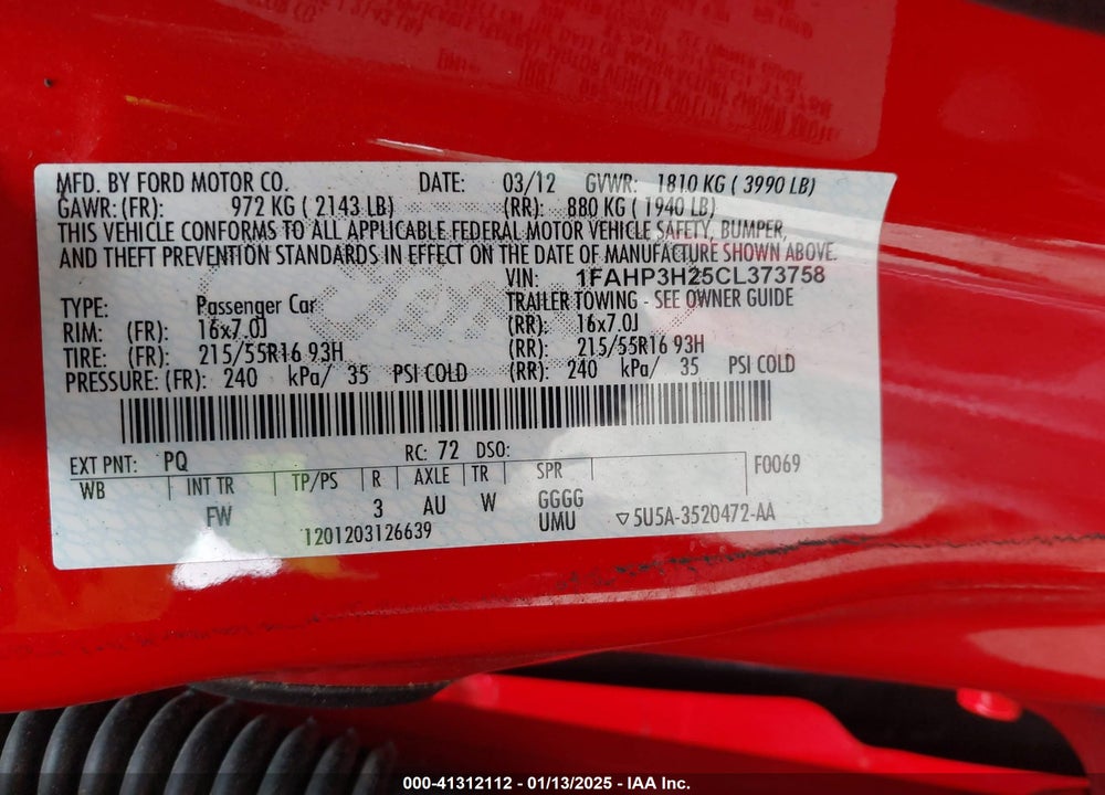 2012 FORD FOCUS SEL VIN: 1FAHP3H25CL373758