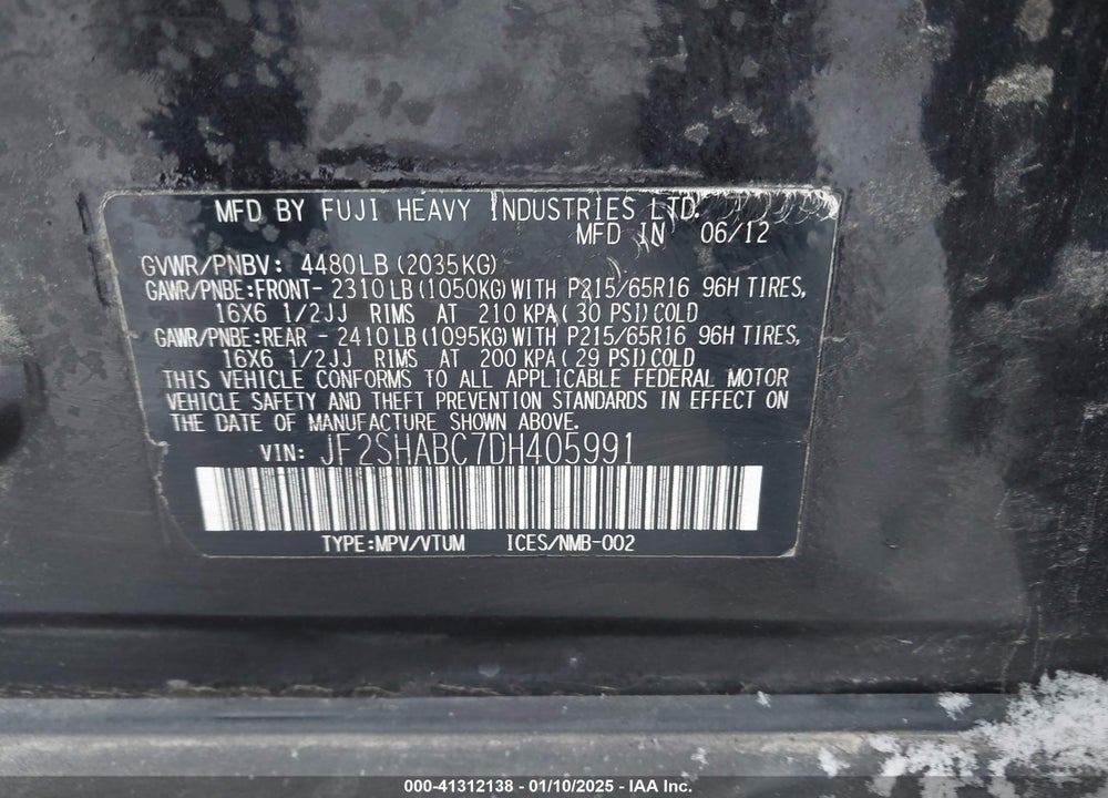 2013 SUBARU FORESTER 2.5X VIN: JF2SHABC7DH405991