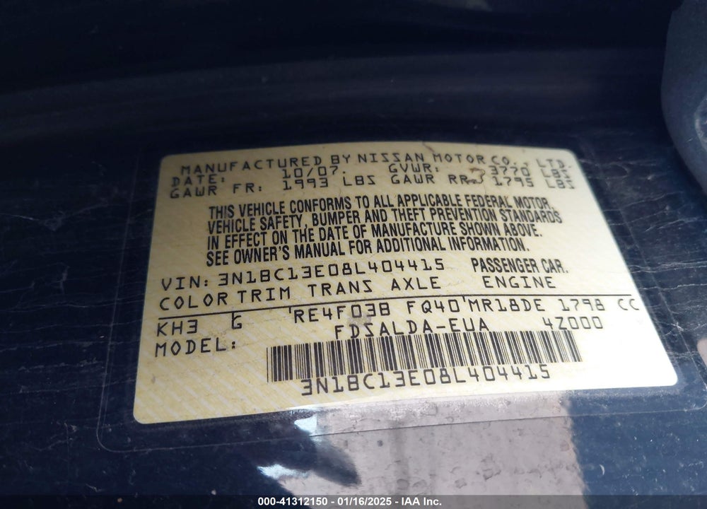 2008 NISSAN VERSA 1.8S VIN: 3N1BC13E08L404415