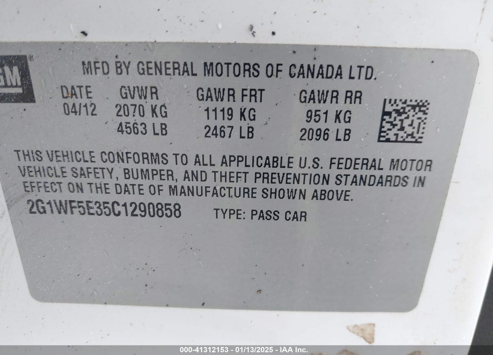 2012 CHEVROLET IMPALA LS VIN: 2G1WF5E35C1290858