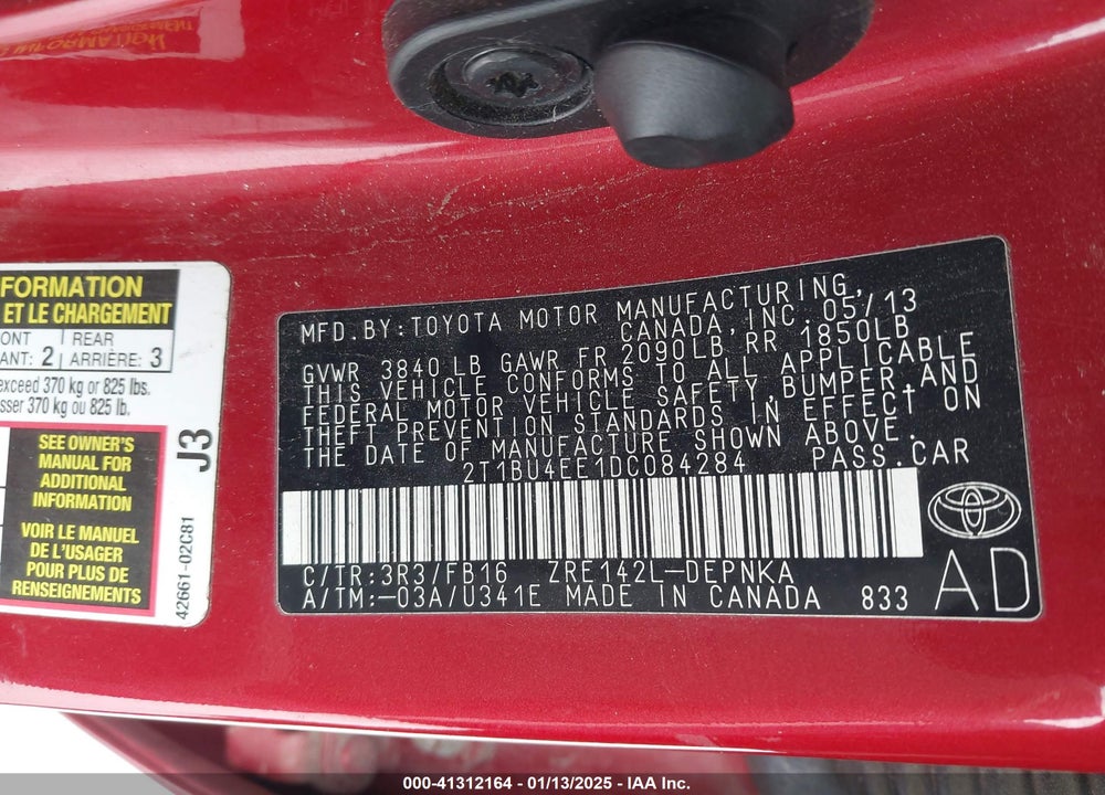2013 TOYOTA COROLLA LE VIN: 2T1BU4EE1DC084284