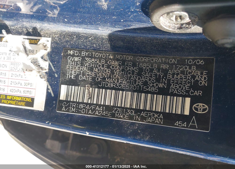 2007 TOYOTA COROLLA CE VIN: JTDBR32E570115485