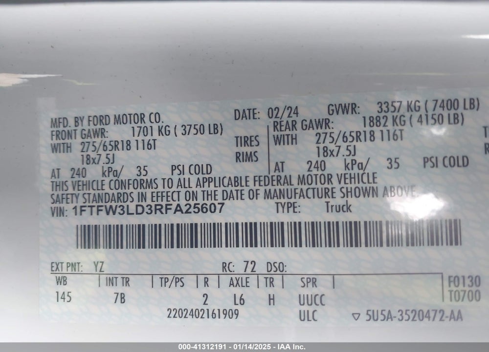 2024 FORD F150 VIN: 1FTFW3LD3RFA25607
