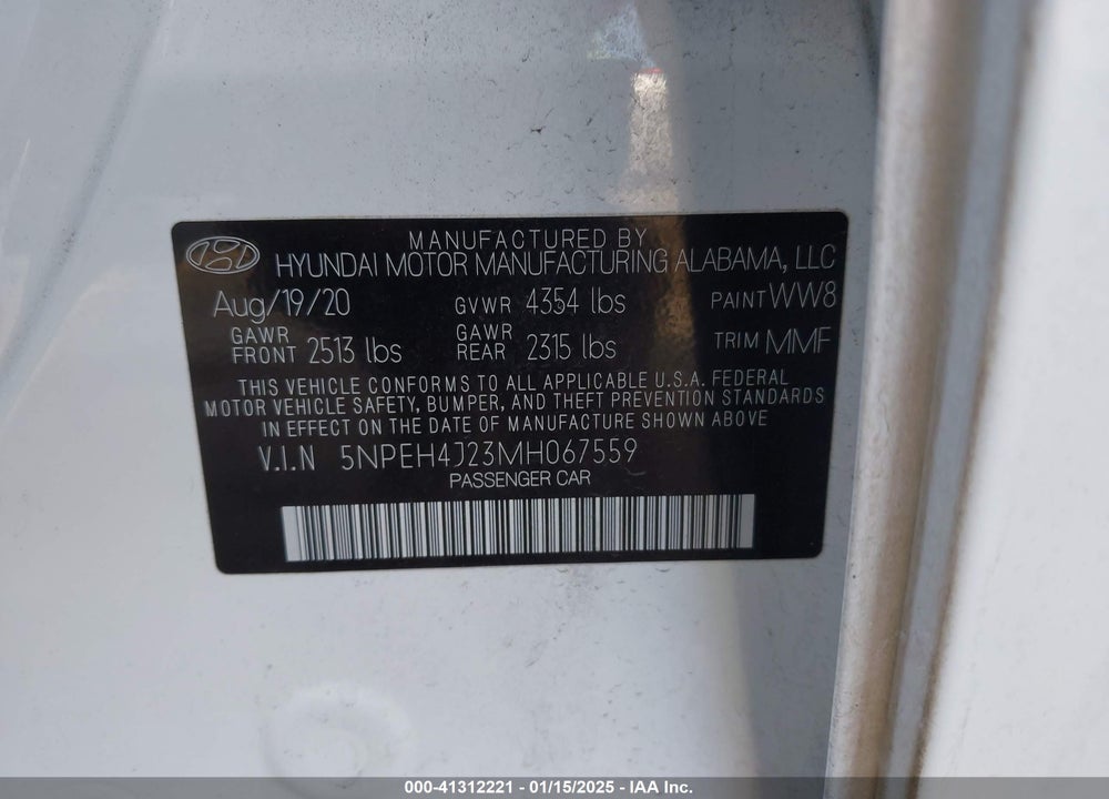 2021 HYUNDAI SONATA LIMITED VIN: 5NPEH4J23MH067559