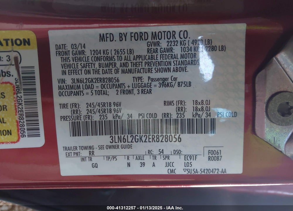 2014 LINCOLN MKZ VIN: 3LN6L2GK2ER828056