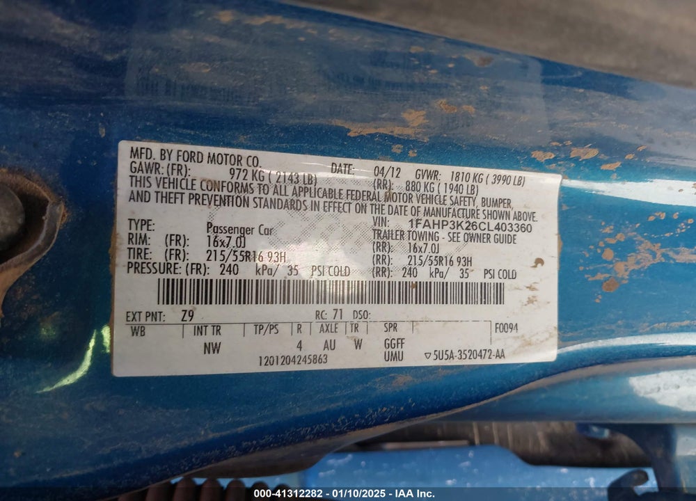 2012 FORD FOCUS VIN: 1FAHP3K26CL403360