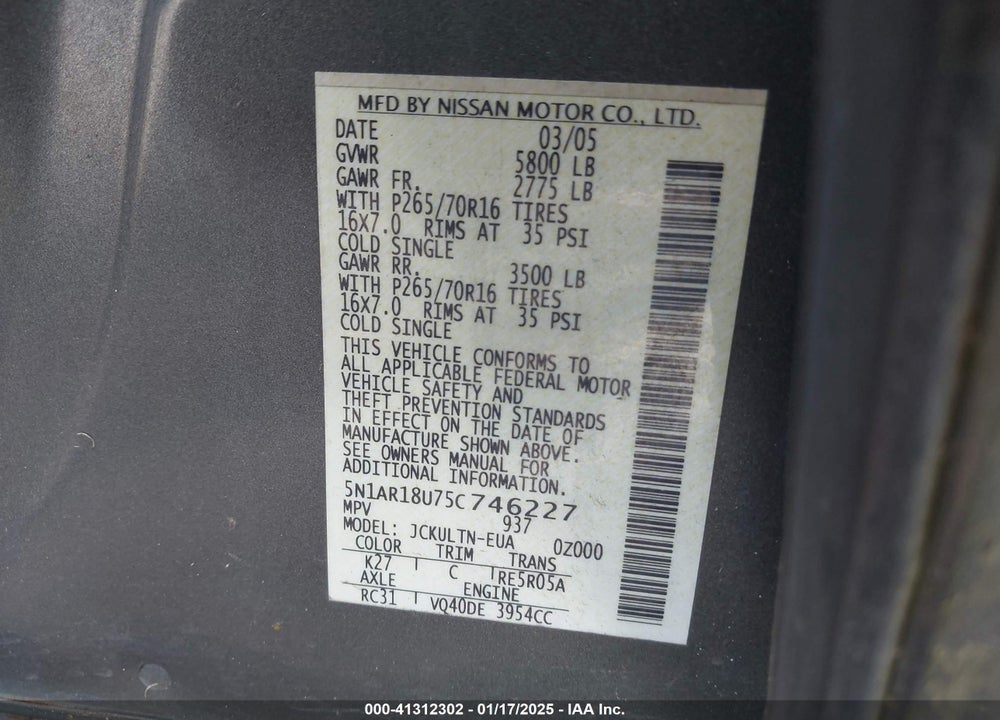 2005 NISSAN PATHFINDER SE VIN: 5N1AR18U75C746227