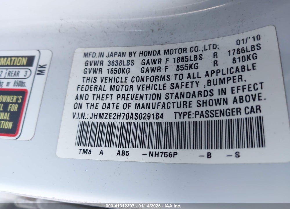 2010 HONDA INSIGHT EX VIN: JHMZE2H70AS029184
