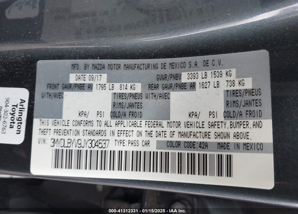 2018 TOYOTA YARIS IA VIN: 3MYDLBYV9JY304537