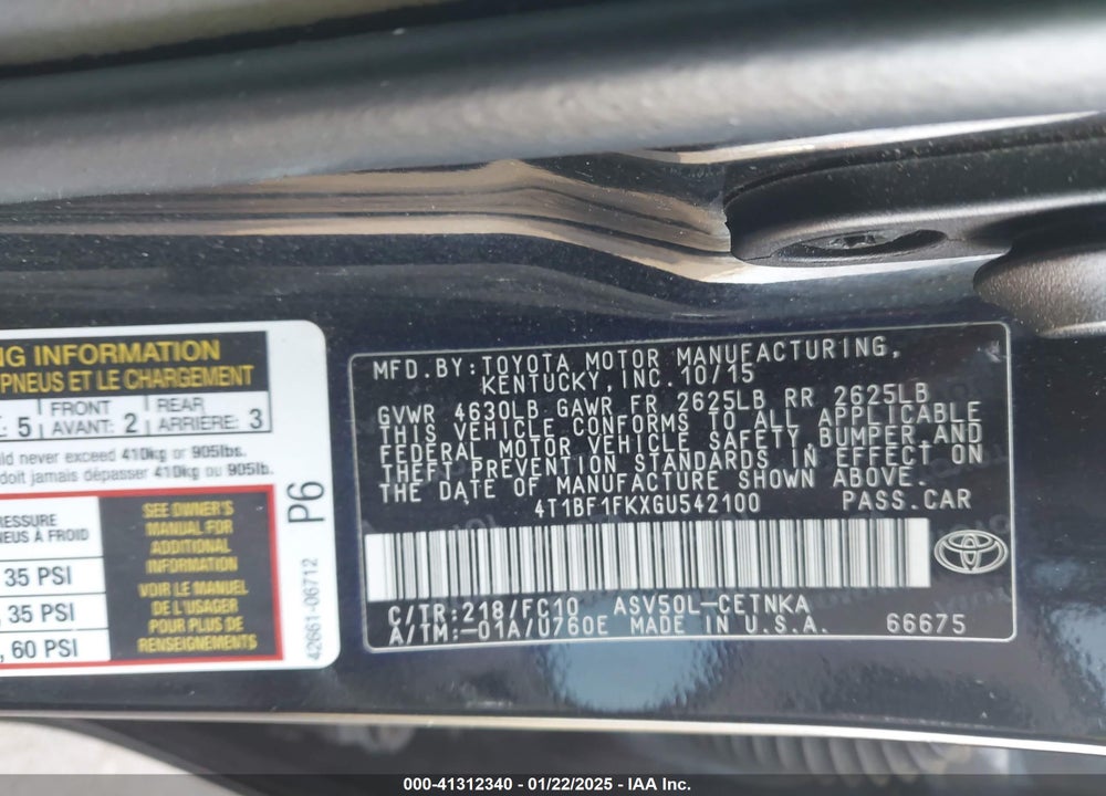 2016 TOYOTA CAMRY LE VIN: 4T1BF1FKXGU542100