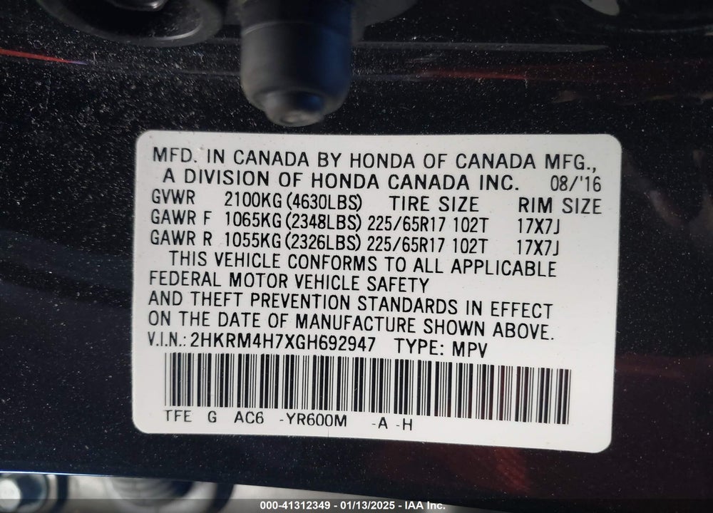 2016 HONDA CR-V EX-L VIN: 2HKRM4H7XGH692947