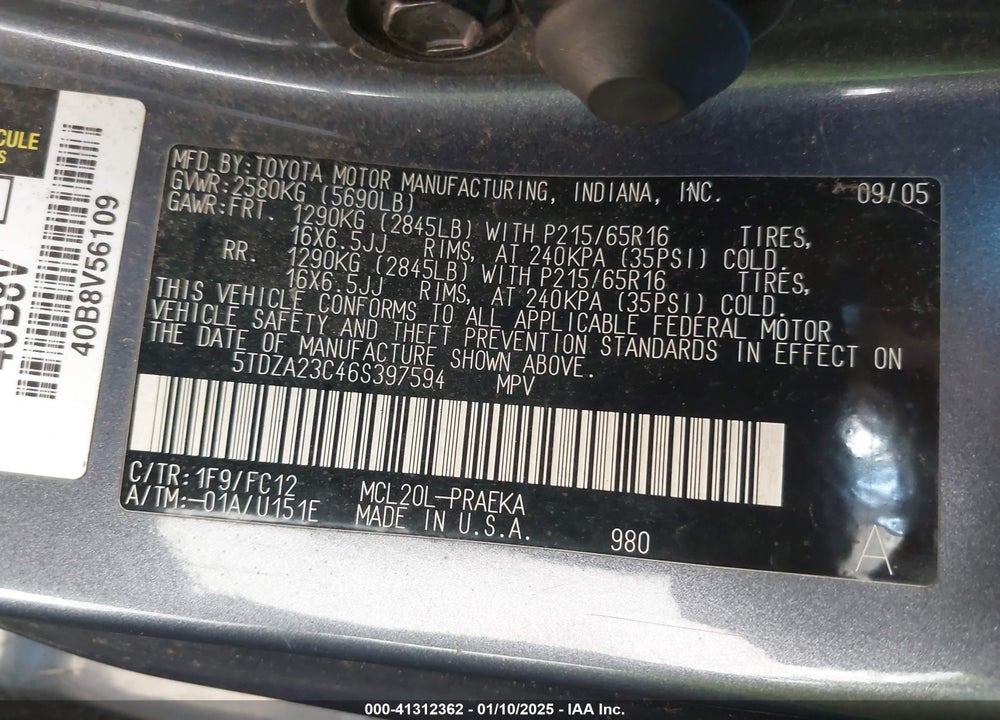 2006 TOYOTA SIENNA LE VIN: 5TDZA23C46S397594