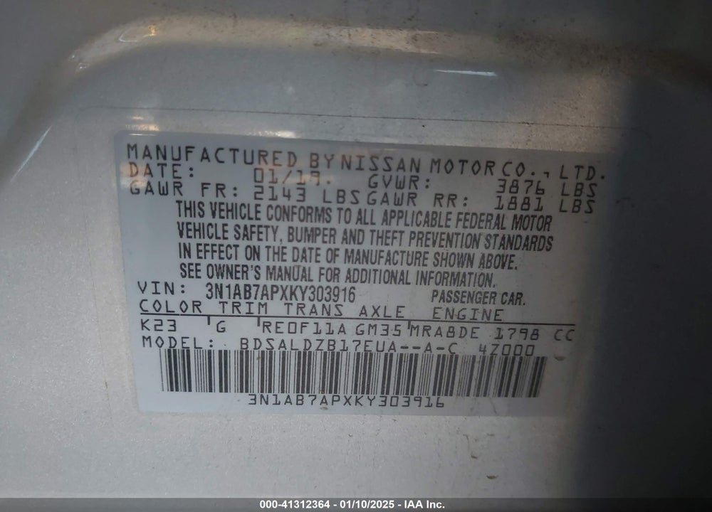 2019 NISSAN SENTRA SV VIN: 3N1AB7APXKY303916