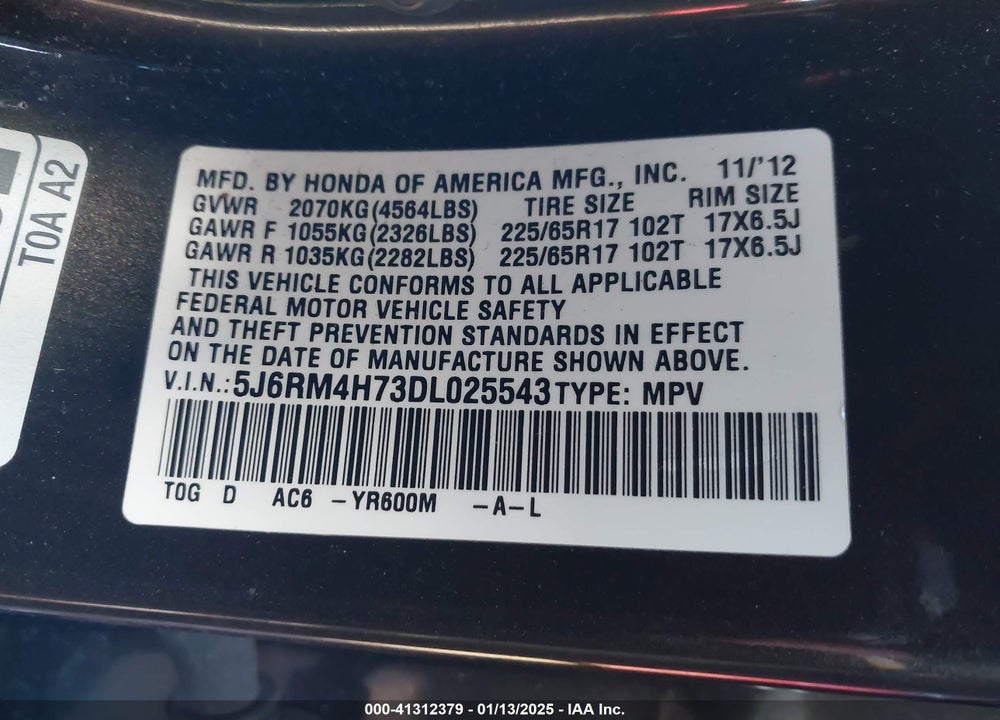2013 HONDA CR-V EX-L VIN: 5J6RM4H73DL025543