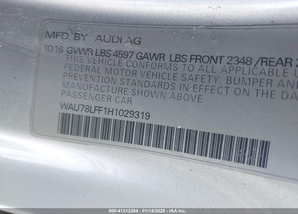 2017 AUDI A3 VIN: WAU78LFF1H1029319