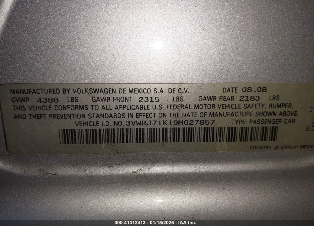 2009 VOLKSWAGEN JETTA VIN: 3VWRJ71K19M027857