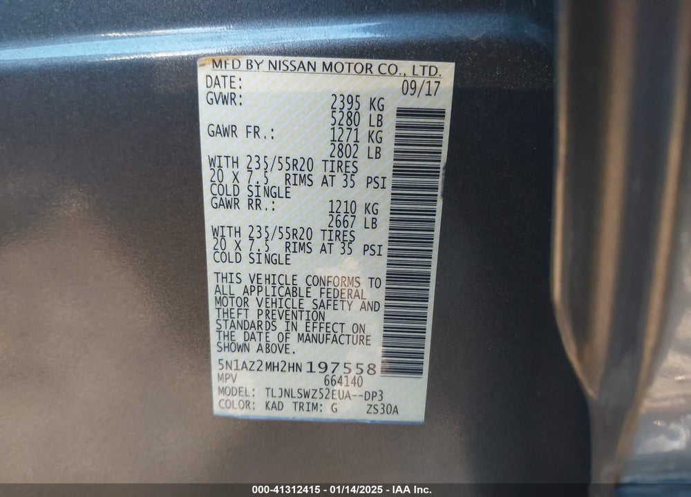 2017 NISSAN MURANO PLATINUM VIN: 5N1AZ2MH2HN197558