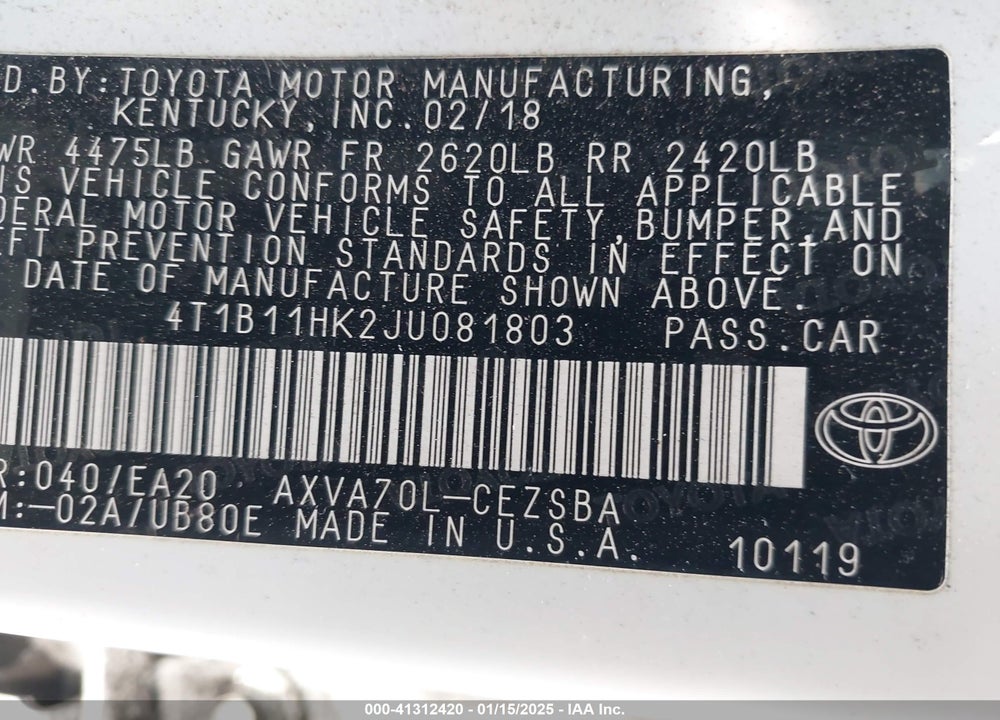 2018 TOYOTA CAMRY VIN: 4T1B11HK2JU081803
