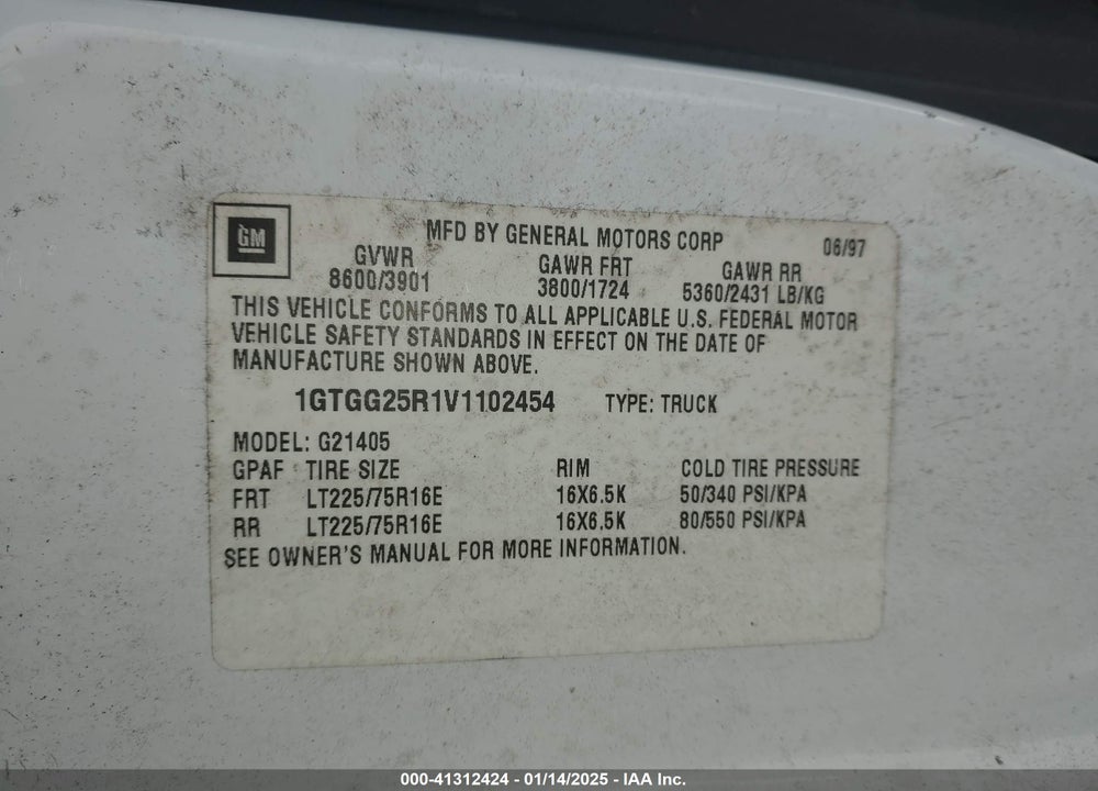 1997 GMC SAVANA STANDARD VIN: 1GTGG25R1V1102454