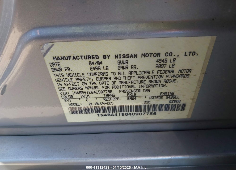 2004 NISSAN MAXIMA 3.5 SL VIN: 1N4BA41E64C907756