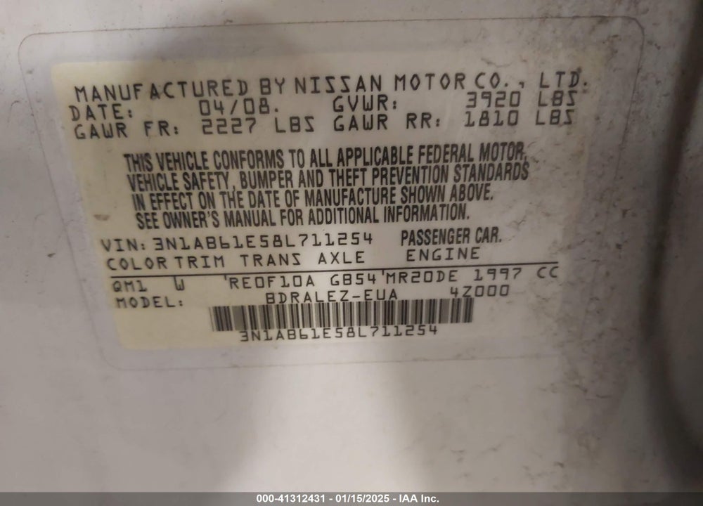 2008 NISSAN SENTRA VIN: 3N1AB61E58L711254