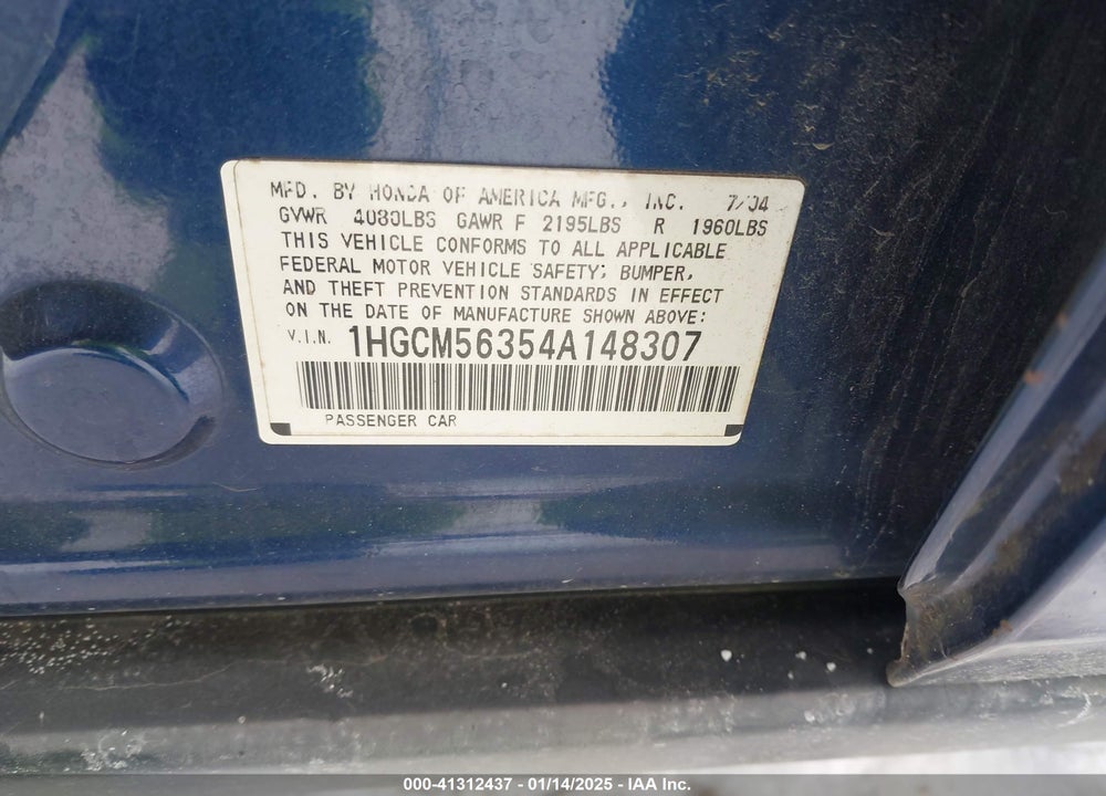 2004 HONDA ACCORD 2.4 LX VIN: 1HGCM56354A148307